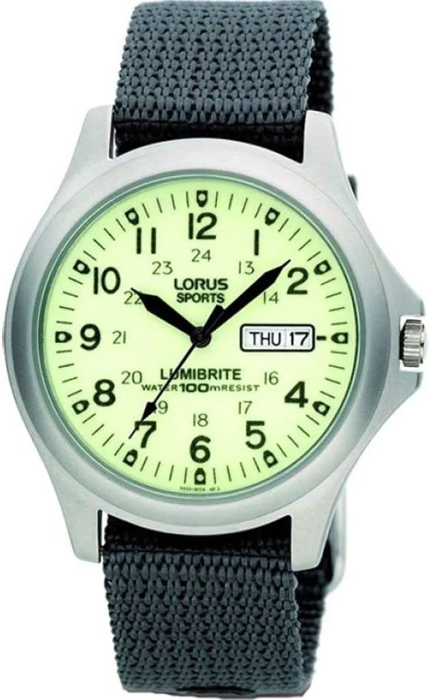 Lorus, RT317EX9, Lumibrite, reloj analógico para hombre, con fecha y día, correa de nailon gris.