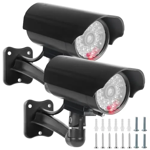 GOMETY 2 cámaras para exteriores con LED parpadeantes rojos, falsas cámaras de vigilancia falsas, cámara de seguridad falsa para exteriores CCTV, cámara de seguridad falsa para interiores y exteriores