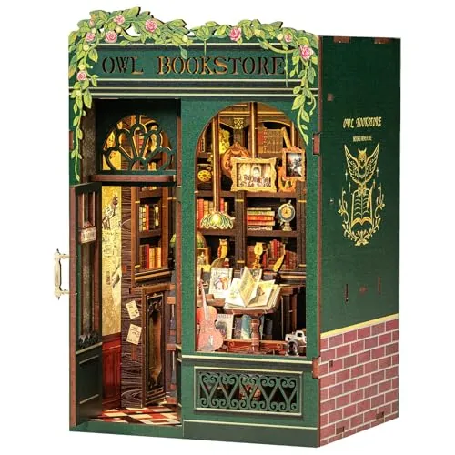 CUTEBEE Book Nook Kit - DIY Miniature House,Casa de muñecas en Miniatura,Kit de construcción con Cubierta Antipolvo y luz LED, Booknook Maquetas para Adultos para Construir(Owl Bookstore)