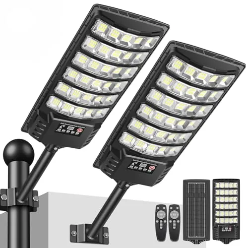 PEAKRO Farolas Solares Exterior, 6000K Farola Solar con Sensor de Movimiento, Control Remoto, IP67 Impermeable Luz Solar Exterior Jardín, Lampara Solar Foco LED Solar para Patio Garage, 2 Paquetes