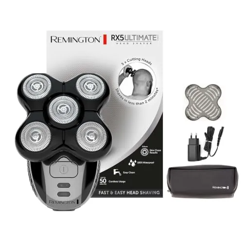 Remington Afeitadora Cabeza Hombre 5 cabezales: afeitado en 2 min Ultimate Series RX5 apura hasta 0,2 mm, autonomía de 50 min, resistente al agua, cuchillas flexibles, neceser de viaje XR1501