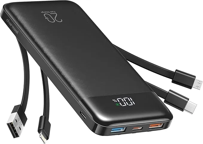 Charmast Power Bank 20000mAh Bateria Portatil USB con Cables Bateria Externa USB C Carga rapida PD 20W Powerbank con Pantalla LED para iPhone,Samsung,iPad,Tablet,Airpods etc