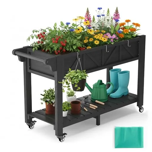 AeasyG Macetero Elevado 120x44x70cm, Huerta Urbana con Ruedas y Asa, 3 Ganchos y Forro No Tejido, para Hortalizas Flores Hierbas Aromáticas, Jardín Balcón Terraza, Negro