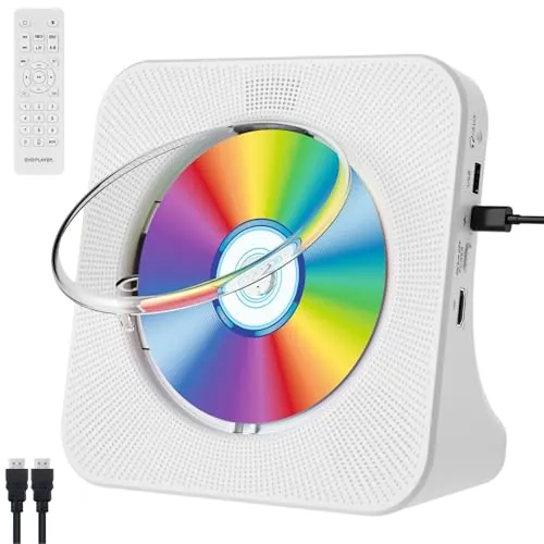 Qoosea Reproductor de DVD para TV con Bluetooth Reproductor de DVD y CD de Escritorio con Altavoces Pantalla Reloj Despertador Radio FM Reproducción de Tarjeta USB, Control Remoto e Cable HDMI(Blanco)