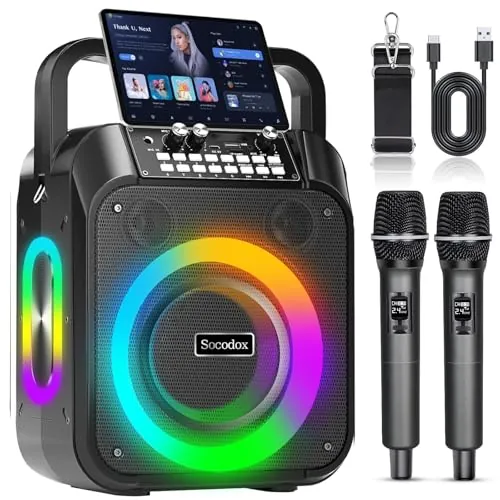 Máquina Karaoke, Altavoz Bluetooth Portátil con 2 Micrófonos Inalámbricos, Batería de 6000 mAh, Playtime 12H, Estéreo TWS, Luces RGB, Sistema PA Dual Bass Boost Para Adultos, Niños, Fiestas, Canto, DJ