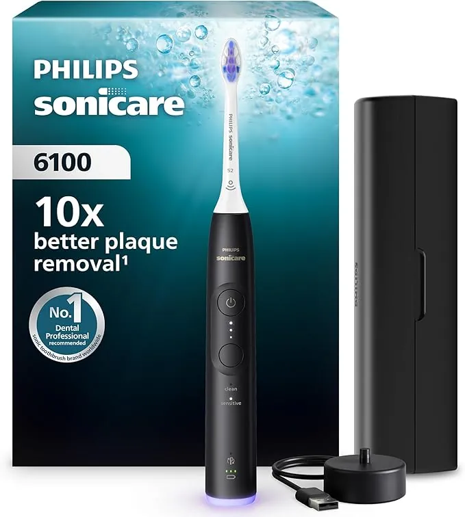 Philips Sonicare 6100 cepillo dental eléctrico, sónico, 2 modos de cepillado, 3 niveles de intensidad, alerta de presión, EasyStart, SmarTimer, negro, HX7401/07 [Nueva Tecnología]