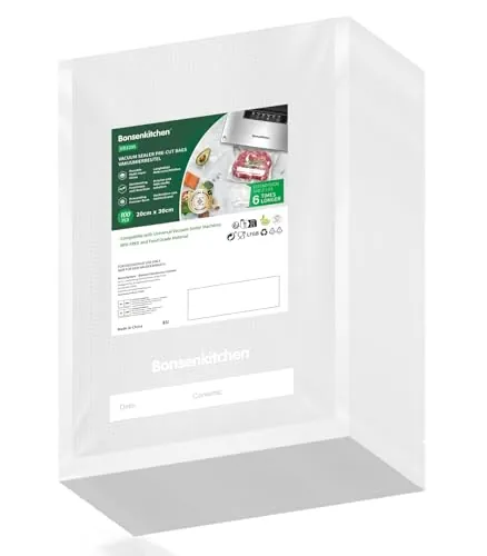 Bonsenkitchen - Bolsas de vacío para alimentos (100 bolsas, 20x30cm, para máquina al vacío, bolsas de PVC para hacer el vacío de aire con gofres para la conservación de alimentos y la cocción, VB3205