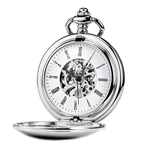 Treeweto Reloj de Bolsillo Unisex con Cadena de Cuerda analógica y Mecanismo Retro Plateado Pulido Brillante