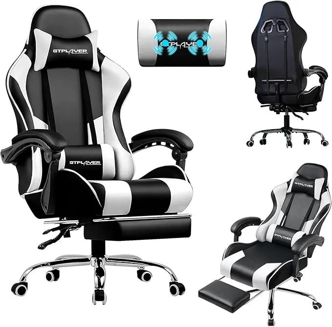 LUCKRACER Silla Gaming con Masaje Ergonómica | Reposapiés y Reposacabezas Retráctil | Soporte 150 kg | Oficina y Hogar | Color Blanco