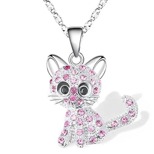 VYIBPDY Collar con Colgante de Gato para niños con Diamantes de imitación de Cristal, Collar de Gato para niñas y Mujeres, Lindo Colgante, Regalo de cumpleaños o San Valentín, Rosa, 1 Pieza