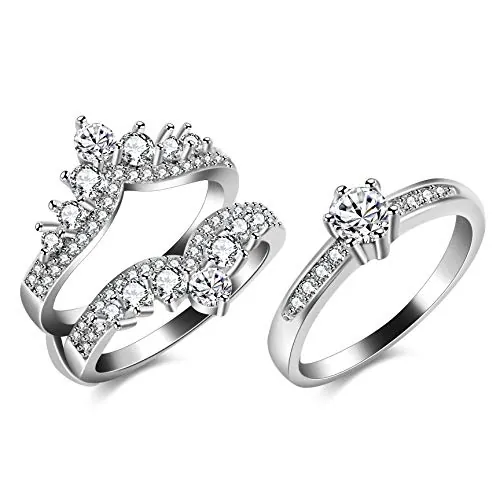 Uloveido Mujeres Oro Blanco Plateado Filigrana Vintage Corona Anillo de Bodas Guardia Aniversario de Anillo de Compromiso CZ Enhancer (Tamaño 19)