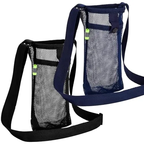 2 PCS Soporte Botella, Bolsa de Malla para Botella de Agua con Hombro Ajustable, Adulto Niño Taza Bolsa Protectora Exterior para Verano Senderismo Gimnasio Campamento Viajes (Negro+Azul marino)