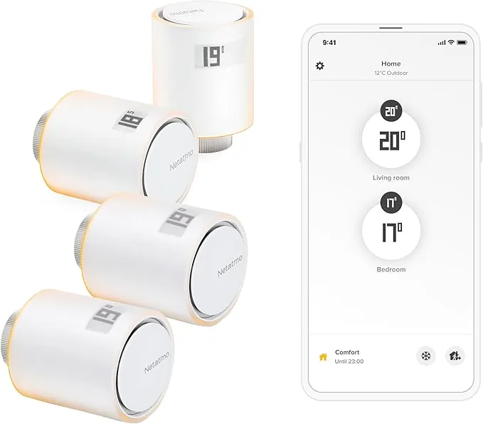 Netatmo Paquete de 4 Cabezales Termostáticos Inteligentes - Accesorio para Termostato Conectado, Control a Distancia, Ahorro de Energía, Compatible con Alexa & HomeKit