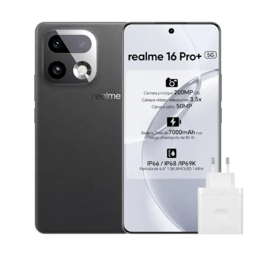 realme 16 Pro+ Smartphone 5G Móvil,Pantalla AMOLED 6,8''1,5K 144 Hz,Cámara Principal 200MP OIS & Lente Teleobjetivo 3,5X,Batería 7000mAh,con Adaptador (Gris, 256, GB, 8, GB)