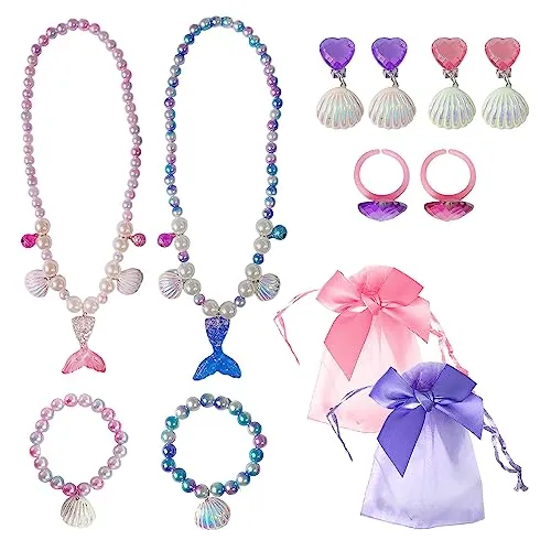 2 piezas de joyería para niñas, collar de perlas de sirena de concha marina, pulsera, anillo, pendientes, juego de 4 piezas, adorno de cuentas, regalo de cumpleaños con 2 cintas de almacenamiento