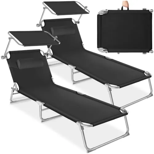 tectake® Set de 2 Tumbonas 190x68x111 cm, Plegable, Ajustable en 4 Posiciones, Resistente a Intemperie, Transpirable, con Toldo, Reposacabezas y Asa de Transporte, para Jardín y Piscina - Negro