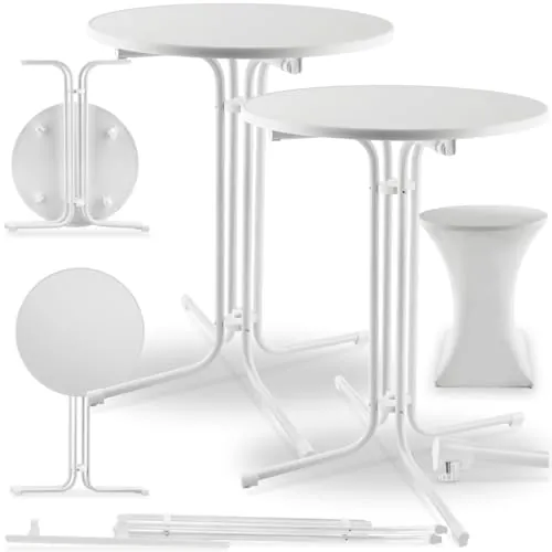 tectake® Juego de 2 Mesas Altas con Estructura Plegable para Cocina, Comedor y Bar, Incluye Funda Lavable de Poliéster, Tablero de MDF Robusto, Estructura de Acero, Pies Antideslizantes - Blanco