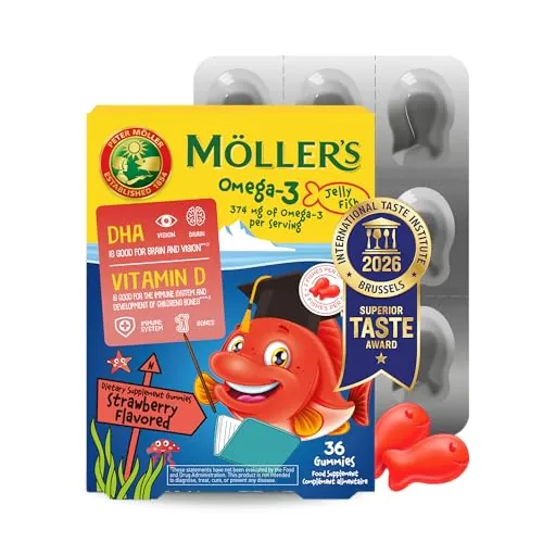 Moller’s ® | Omega 3 para niños | Omega-3 Cápsulas de Aceite de Pescado con Ácidos Grasos Omega 3 | Con DHA y EPA, Sin Gluten, Sin Lactosa, Sin Azucares Añadidos | Fresa | 36 Uds