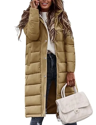 Tuopuda Larga Acolchado Abrigo para Mujer Chaqueta con Capucha Abrigo Largo Ligero y Resistente al Viento con Cremallera y Bolsillos(Caqui,L)
