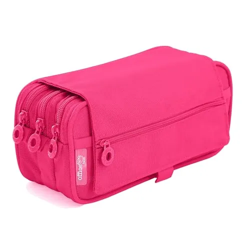 office box Estuche Triple el Orginal- Porta Lápices de 3 Apartados con Cremallera, Múltiples Bolsillos, Horario e identificador y Tira para Llevar en tu Trolley by Colorline (Fucsia)