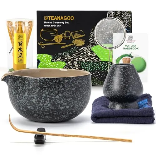 TEANAGOO Matcha Kit (7 piezas) Juego de batidor de matcha Tazón de matcha con pico Batidor de matcha de bambú (chasen) Cuchara (chashaku) Soporte para. N17
