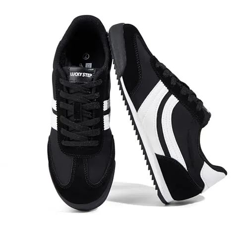 LUCKY STEP Zapatillas Mujer Retro Ligeras, Zapatos Casual,Negro,7US-37-4UK | Exterior sintético, forro de malla transpirable, cuello acolchado, cordones y suela ligera de goma para uso diario.