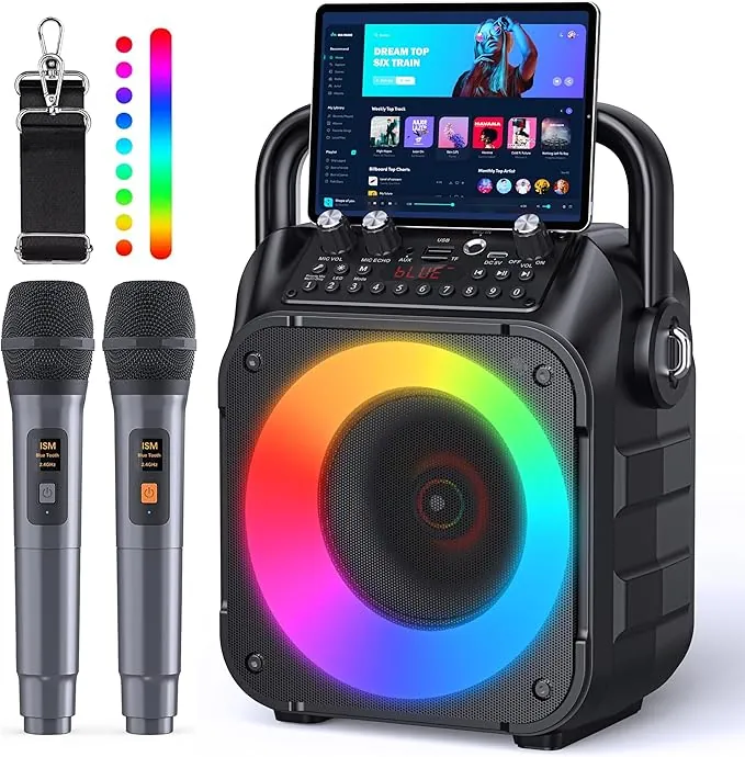 Karaoke, Altavoz Bluetooth Portátil para Adultos con 2 Micrófonos Inalámbricos, Sistema PA para Adultos y Niños con Luces LED para Fiestas (Negro)
