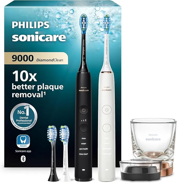 Philips Sonicare DiamondClean 9000 cepillo dental eléctrico, paquete doble, cepillo dental sónico con aplicación, sensor de presión, vaso de carga, negro y oro rosa, modelo HX9914/61