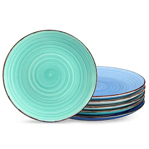 vancasso Platos Llanos Gres, Juego de Platos de 6 Azul, Platos Postre 27cm para Ensalada Aperitivo Fruta, Apto para Microondas y Lavavajillas, Pintados a Mano en Aspecto Rústico
