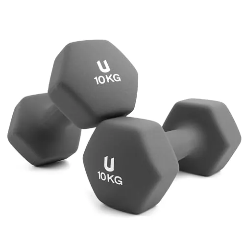 unycos - Par de Mancuernas Antideslizantes de Neopreno, Pesas【10 kg】Ergonómicas con Diseño Hexagonal y Anti-Rodadura, Resistentes, Ideales para Entrenamiento de Fuerza y Gimnasio en Casa (Gris Oscuro)