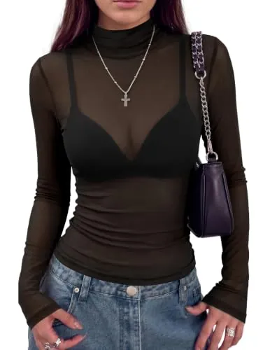 Blusa Transparente Mujer Sexy Slim Malla Camisas Manga Larga Tul T-Shirt | Cuello Alto Elegante Camisetas Fiesta Festival Clubwear Negro XS