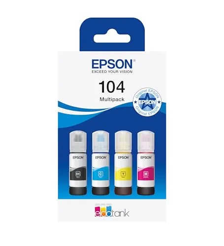 Botellas de tinta originales EcoTank de la serie 104 de Epson - Colores cian, magenta, amarillo y negro