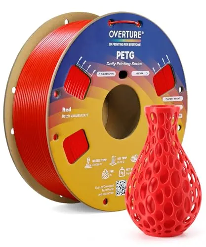 OVERTURE Filamento PETG 1.75mm para Impresoras 3D, Perfectamente Enrollado Filamento Resistente y Duradero, Carrete de Cartón 1kg (2.2lbs), Compatible con la Mayoría de Impresoras FDM (Rojo)