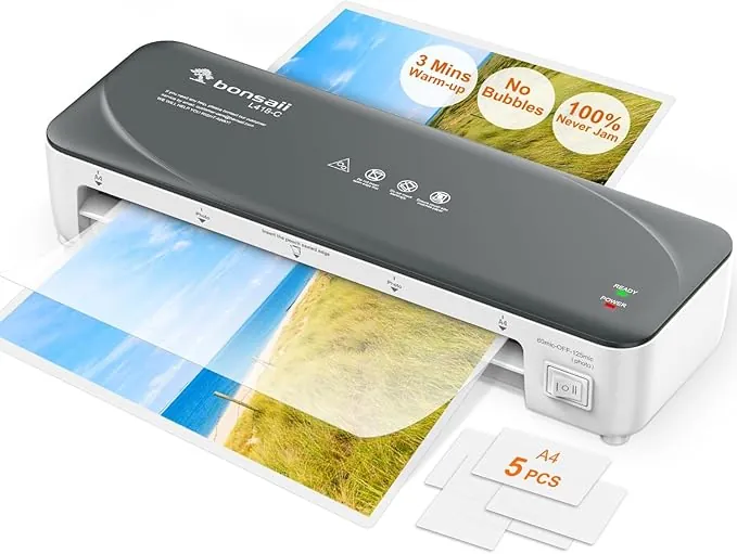 Bonsaii Laminadora A4 Blanca con Tecnología Anti-Atascos – Laminado rápido y uniforme de fotos y documentos, 80-125 micras, ideal para escuelas, oficinas y hogares (L418-C)