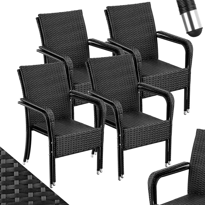 tectake® Silla de Jardín de Ratán y Acero Apilable, Muebles Jardín Exterior Resistentes a la Intemperie, Silla Conjunto Exterior, Sillas Terraza o Patio, Fácil Montaje, MAX. 120 kg - 8 Sillas