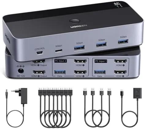 UGREEN Switch KVM HDMI 2.0 2 Entradas 2 Salidas 4K 60 Hz Conmutador KVM para 2 pc con 4 puertos USB 5 Gbps para Teclado Ratón Disco Duro Controlador de Escritorio compatible con Windows Linux macOS