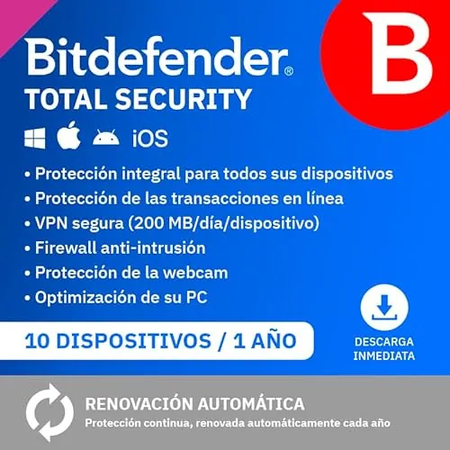 Bitdefender Total Security 2026| 10 Dispositivos | 1 Año | PC/Mac/iOS/Android | Código de activación por email | Renovación automática