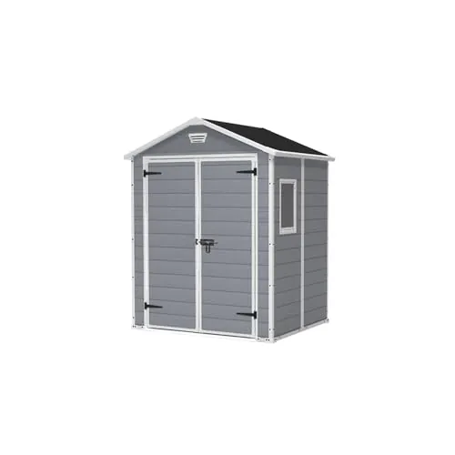 Keter Manor 6X5 - Caseta de jardín, 185x152x226 cm y 2,5m2, Suelo, Sistema de ventilación, Puerta y Ventana, Resistente al Agua, Color Gris