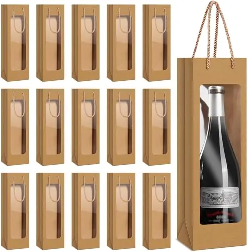 50 Bolsa Botella Vino, Bolsa Reutilizable para Botellas, Ventana Transparente, Bolsas de Papel con Asas, Sacos de Almacenamiento de Vino, Champán y más, para Navidad, Bodas y Fiestas(Color Marrón)(50)