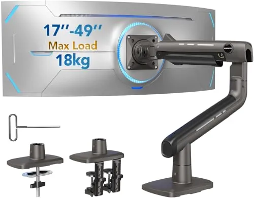 Brazo Monitor HUANUO para Pant Ultraan a 49 Pulgadas, Soporta a 18kg, Soporte Escritorio Aluminio para Pant Ultraan, Soporte Monitor Único Ajustable con Abrazadera-C, Base Grommet, VESA Máx 100x100mm