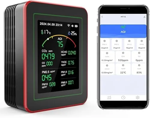 Medidor de Calidad del Aire Interior 15 en 1 con App - 2 Chips Sensores Precisos de CO2,PM2.5/PM10,HCHO,TVOC | Alertas en Tiempo Real y Análisis para la Salud | Fácil Lectura,Ideal para Hogar,Oficina
