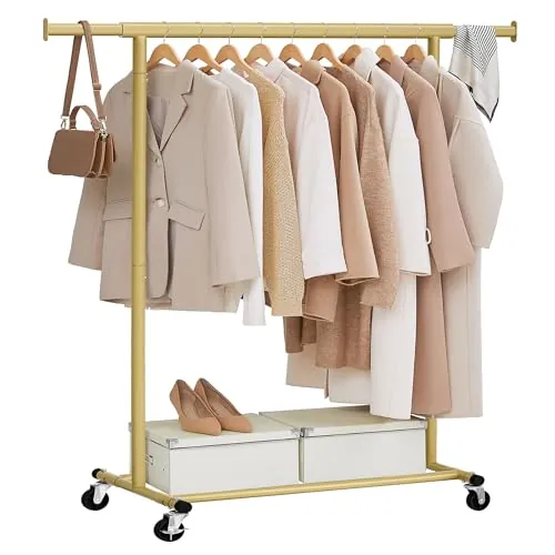 SONGMICS Burro Ropa con Ruedas, Perchero Burro Extensible con Carga Pesada, Capacidad de Carga Máx. de 100 kg, Fácil de Montar, Portátil, Oro Pálido HSR013A01
