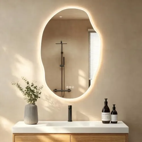S'bagno Irregular Espejo Baño con Luz 60x90cm, Bluetooth Espejo Baño Led, Antivaho, 3000K-6500K, Regulable, Memoria, Cristal Templado HD, IP44, Horizontal o Vertical