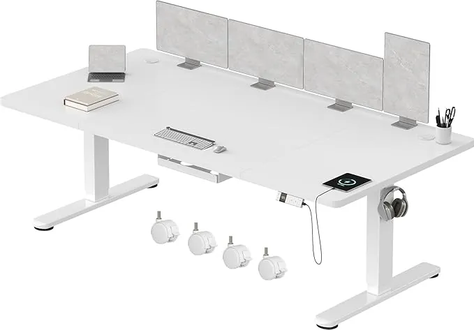 Devoko Escritorio Elevable Eléctrico 200 x 80 cm de Carga USB A, Escritorio Ajustable en Altura con Tablero, 3 Función de Memoria y Anticolisión, Regulable en Altura 72-116cm, Blanco
