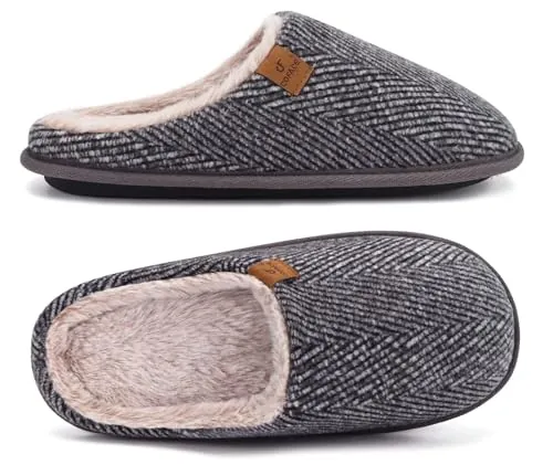 COFACE Zapatillas de Estar en Casa Hombre Tartán Invierno | Cálido Forro de Felpa Pantuflas Alta Densidad Espuma de Memoria Zapatos con Antideslizante Suela Gris-Paño de lana Tallas 43