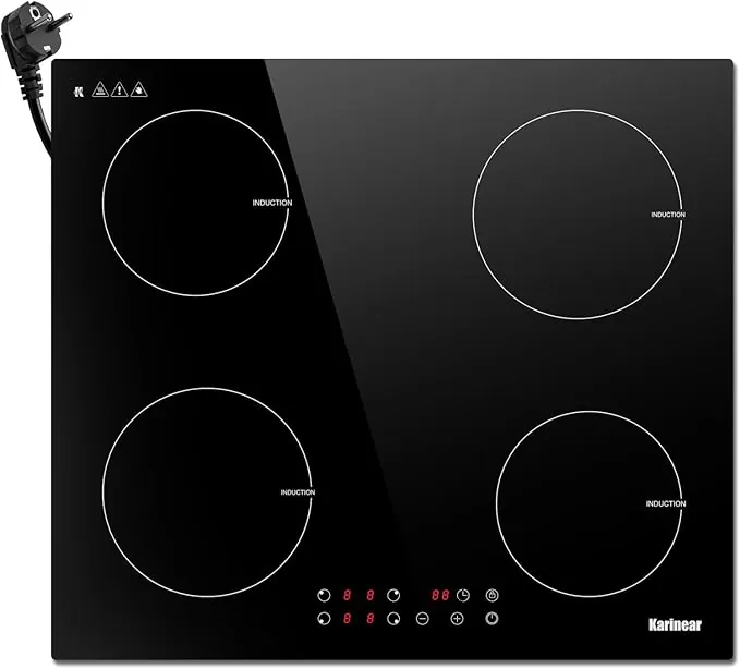 Karinear Placa Induccion 4 Fuegos con Enchufe, Controles Táctiles, Bloqueo de Seguridad Para Niños, Temporizador, Calefacción de 9 Posiciones, Induccion 4 Zonas 60 CM, 220 V ~ 240 V, 3500 W