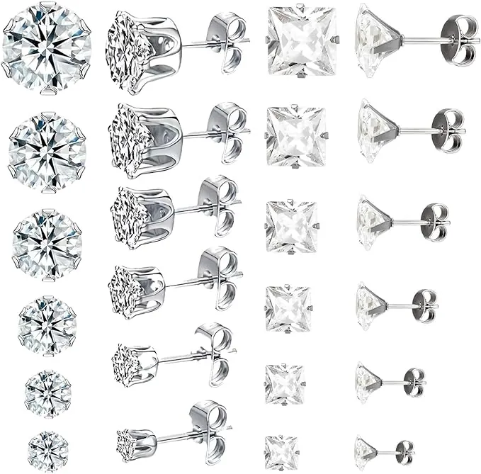 12 Pares Pendientes Hombre, con Circonita Cúbica,Hipoalergénicos para Hombre y Mujer, de Acero de Titanio y Acero Quirúrgico, de 3 a 8 mm (Plata)