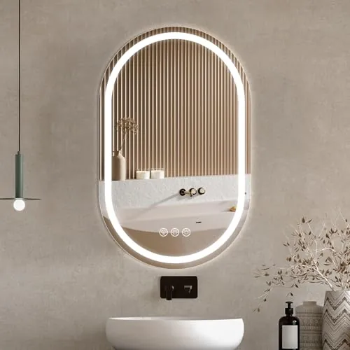 Ratsamee Espejo de Baño Ovalado con Luz 50x80cm, Espejos de Baño con LED con Antivaho, Regulable, 3 Colores Luz, Función Memoria