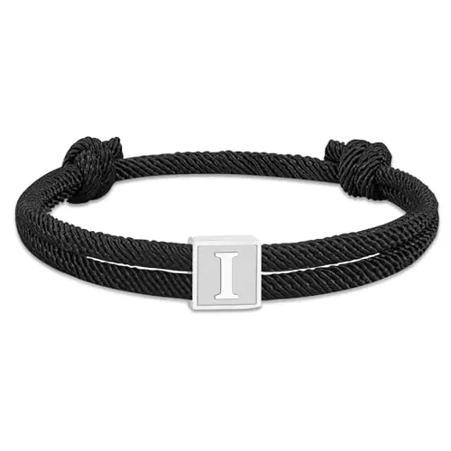 Esmoly Paracord Armband Pulsera Hombre con Plata Letra A-Z Negro Pulsera Tela Pulsera Cuerda Ajustable Regalos Originales para Hombre (Plata I)
