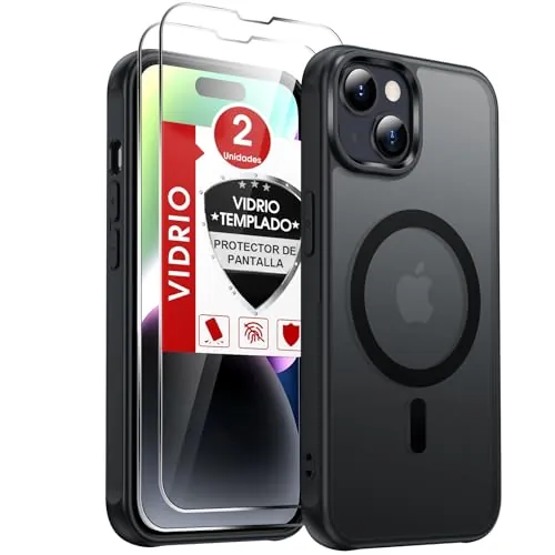 LeYi Funda Magnética para iPhone 14 con 2× Cristal Templado- | Compatible con MagSafe Mate Carcasa Translúcido Esmerilado Grado Militar Antigolpes Case Para iphon i phone14